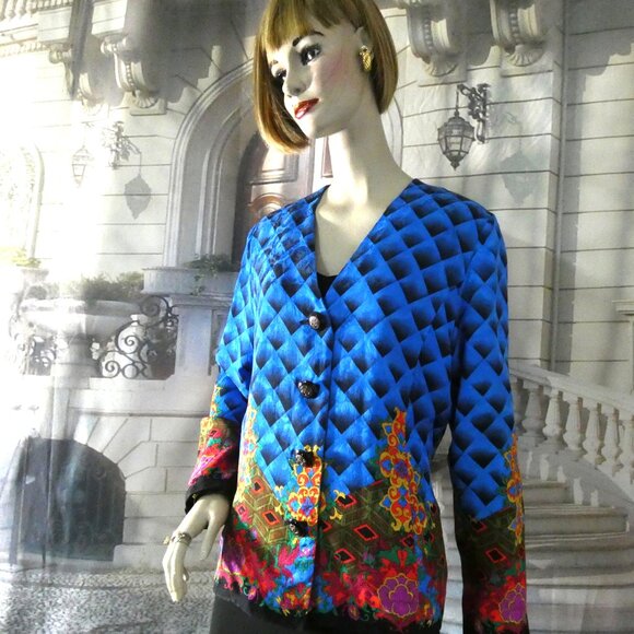 Anne Crimmins Silk Blazer Jacket Silk Lined Sz 16 Blue with Rainbow Color Design - Picture 5 of 9